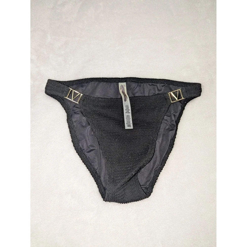 Victoria's Secret Black Smocked‎ Bikini Bottom Gold V Hardware L-XL